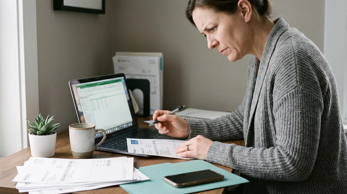 A small business owner at a desk comparing a phone bill against a provider pricing page, marking the line items with a pen