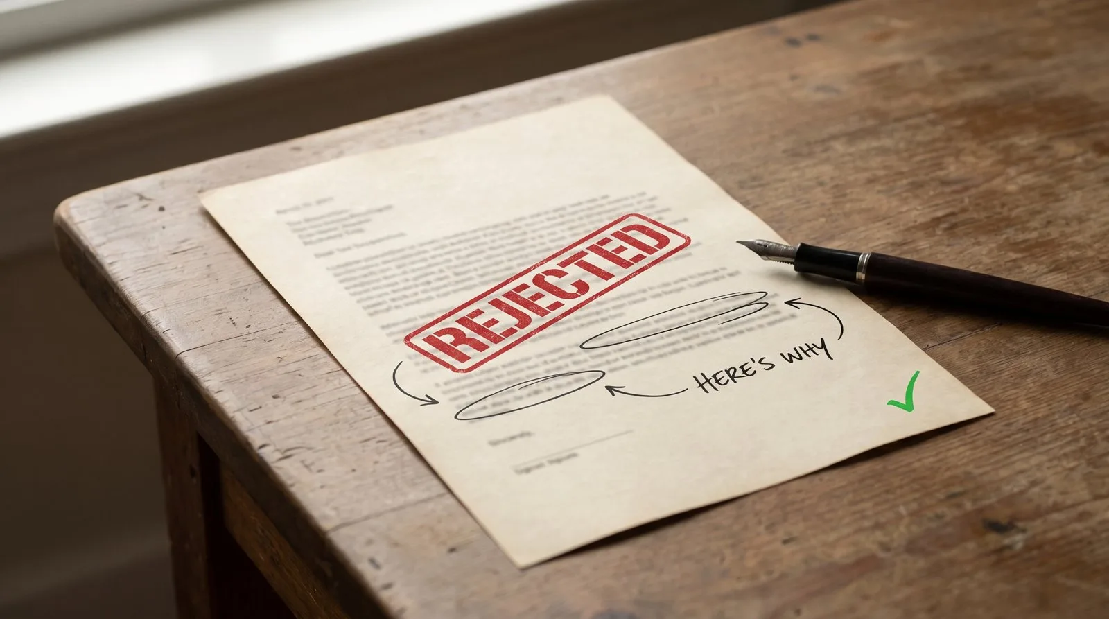 A letter stamped REJECTED in red on a wooden desk, with the real reasons circled in pen and annotated 'here's why'