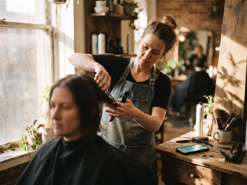 A stylist working with a client while a phone handles the front desk.