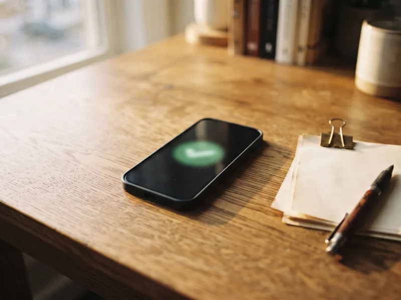A phone on a desk showing a delivered text message — carrier-compliant messaging.
