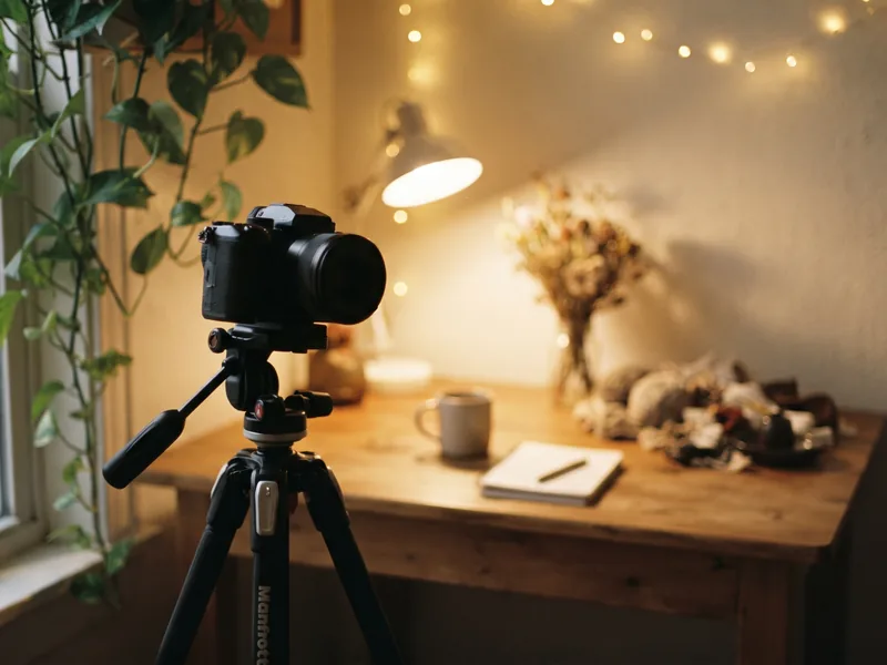 A camera on a tripod set up for content creation in a warm studio corner.
