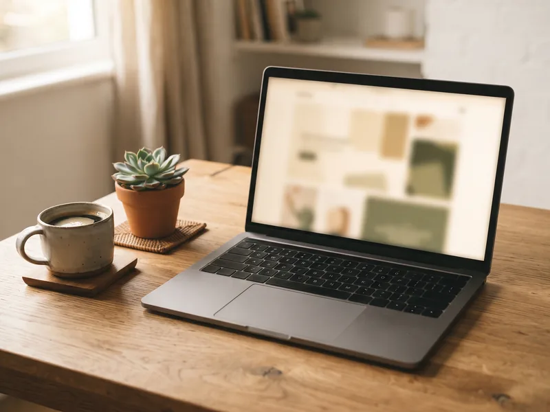 A newly built website open on a laptop on a sunlit wooden desk.